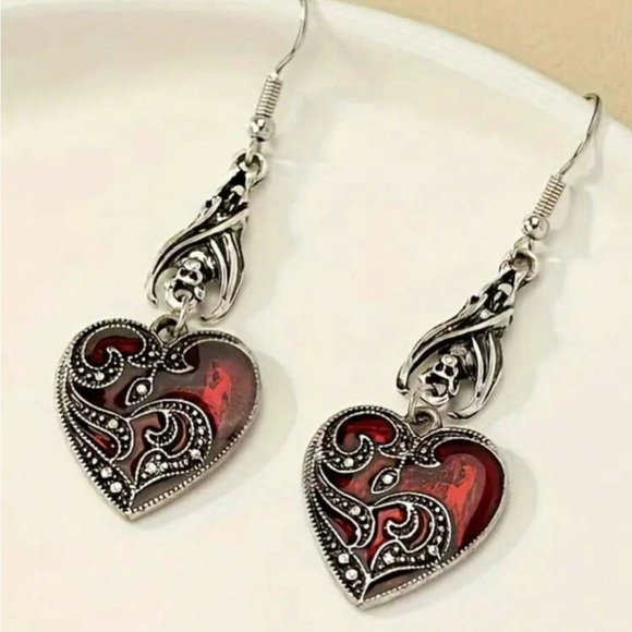 Elegant Silver and Red Heart Earrings - Picture 3 of 6